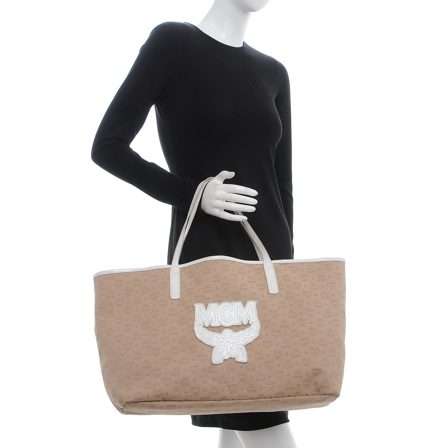 MCM Canvas Monogram Patent Shopper Tote Beige White 2 of 12