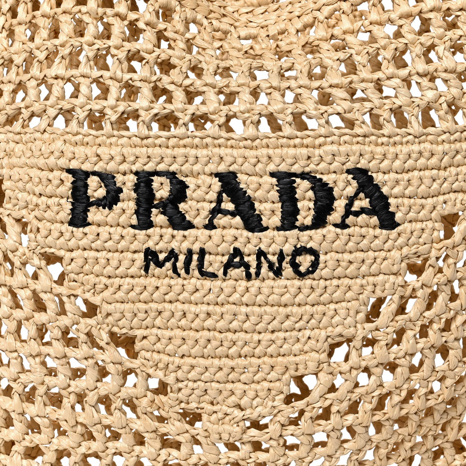 Prada Yarn Raffia Effect Crochet Logo Embroidered Tote Bag Naturale 7 of 9