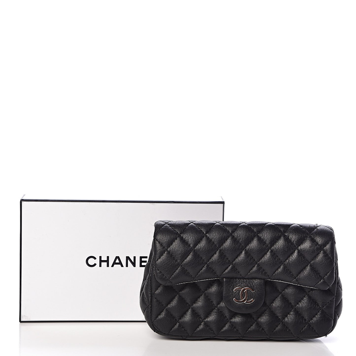 Calfskin Quilted CC Flap Belt Bag Black