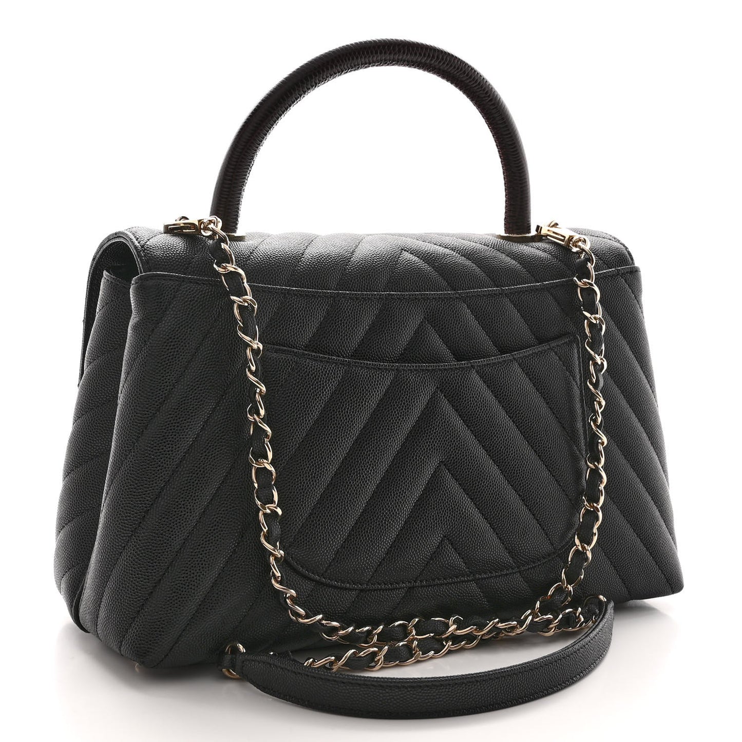 Caviar Lizard Embossed Quilted Chevron Small Coco Handle Flap Black