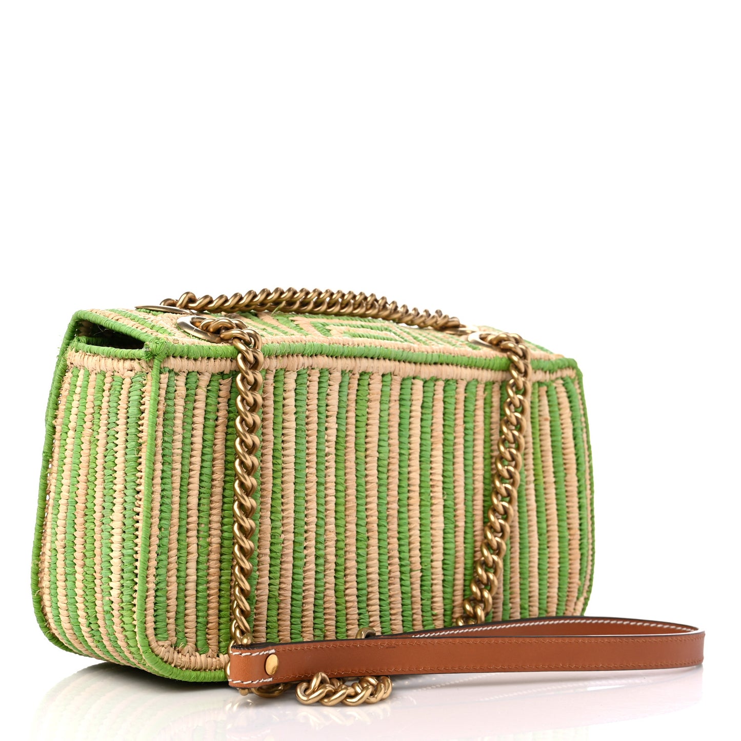 Raffia Woven Small GG Marmont Shoulder Bag Natural Light Green