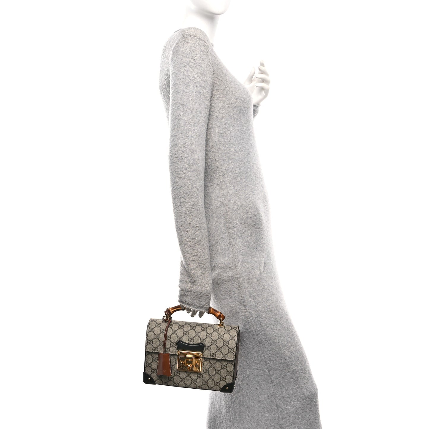 GG Supreme Monogram Small Padlock Bamboo Shoulder Bag Beige Black Cuir