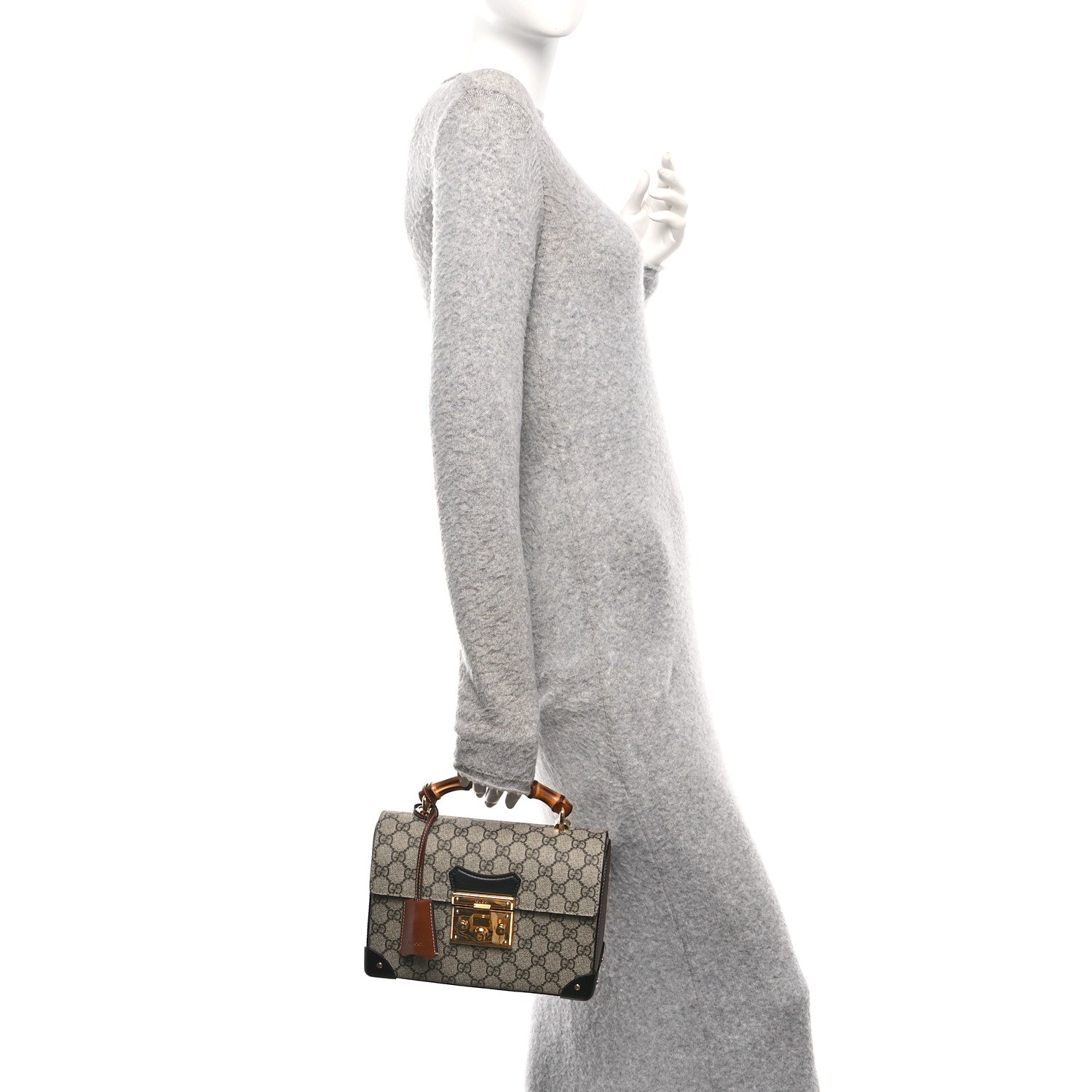 Gucci GG Supreme Monogram Small Padlock Bamboo Shoulder Bag Beige Black Cuir 2 of 11