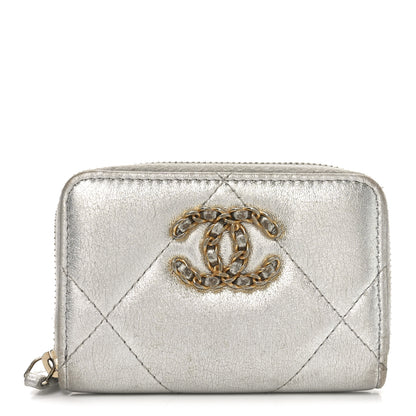 Chanel Metallic Lambskin Quilted Chanel 19 Zip Around Coin Purse Wallet Silver 1 of 10