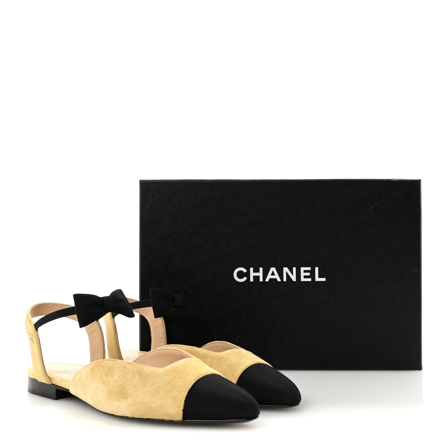 Suede Grosgrain Bow Cap Toe CC Slingback Flats 38 Beige Black