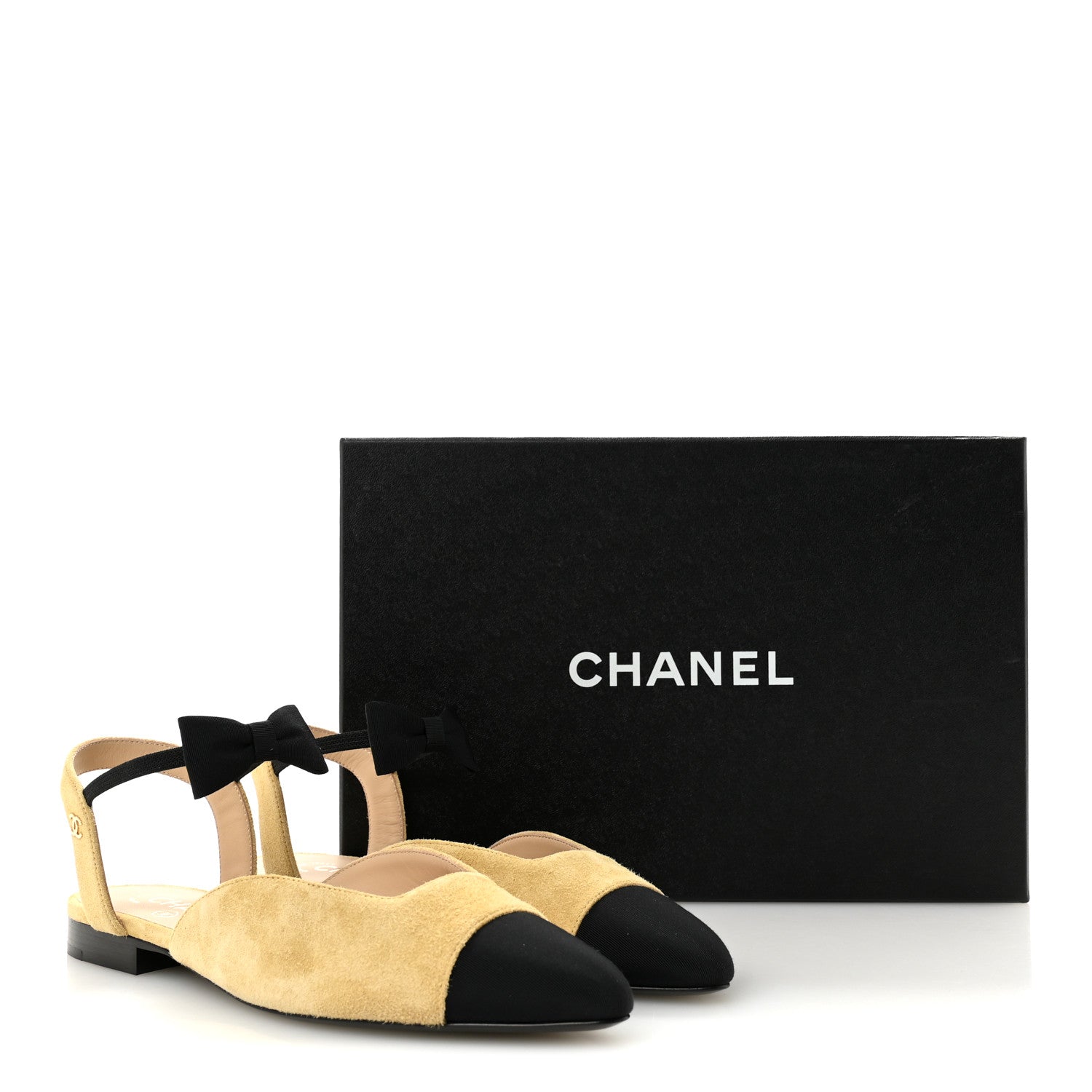 Chanel Suede Grosgrain Bow Cap Toe CC Slingback Flats 38 Beige Black 10 of 10