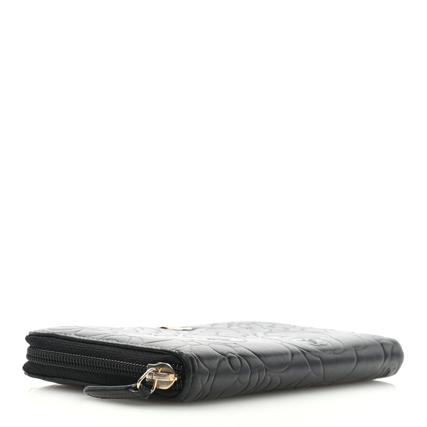 Chanel Lambskin Camellia Embossed Large Zip Around Gusset Wallet Black 3 of 7