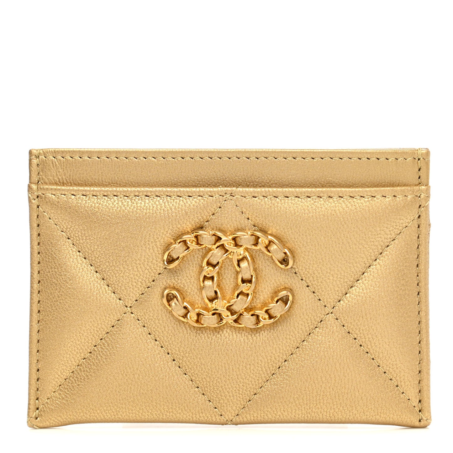 Metallic Goatskin Quilted Chanel 19 Card Holder Gold