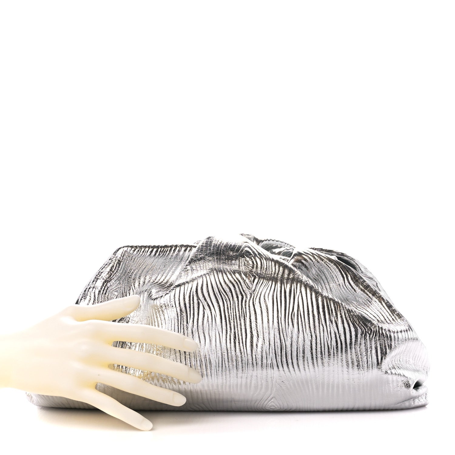 Bottega Veneta Metallic Bark Calfskin Embossed The Pouch Oversized Clutch Silver 2 of 11