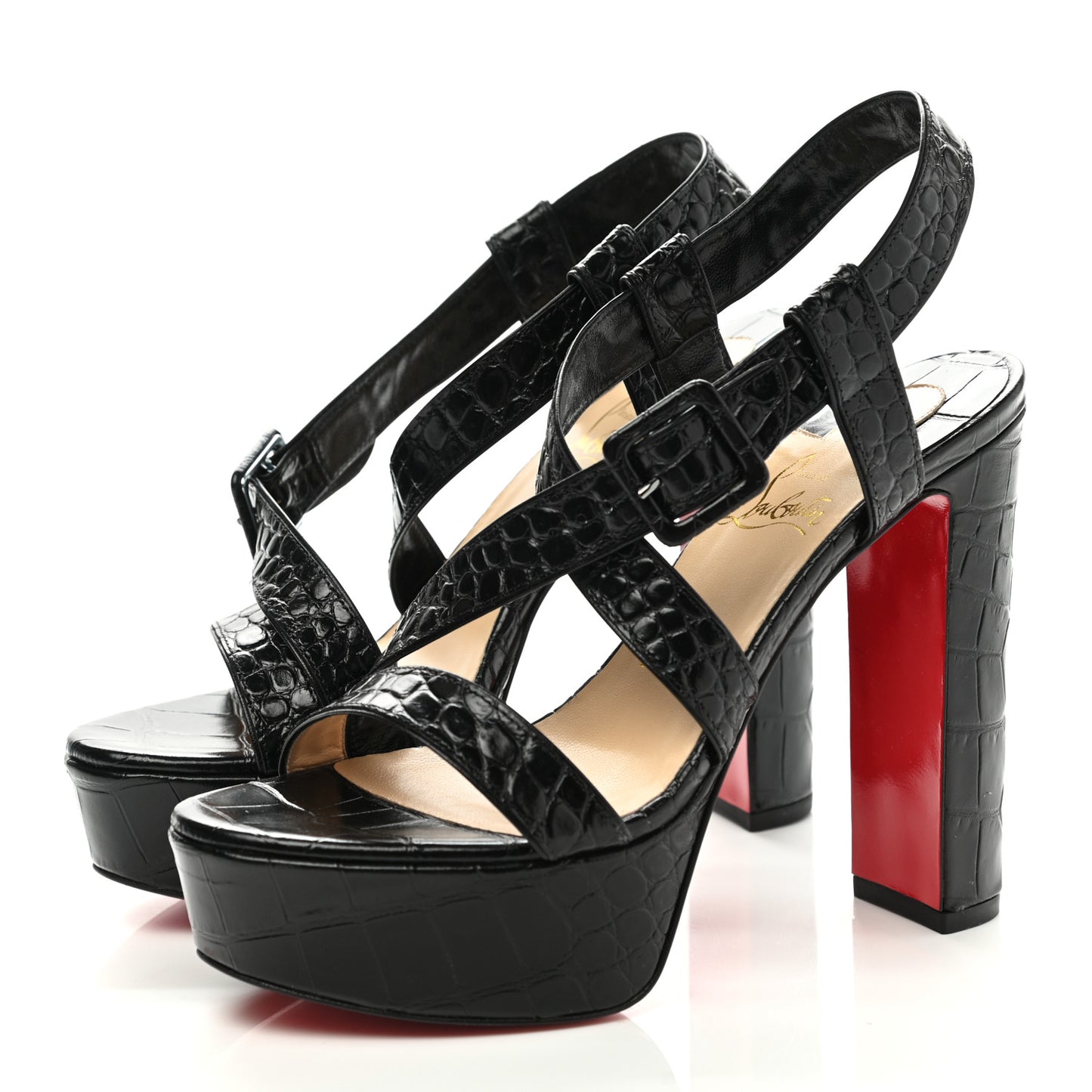 Calfskin Alligator Embossed Selima 130 Sandals 37.5 Black