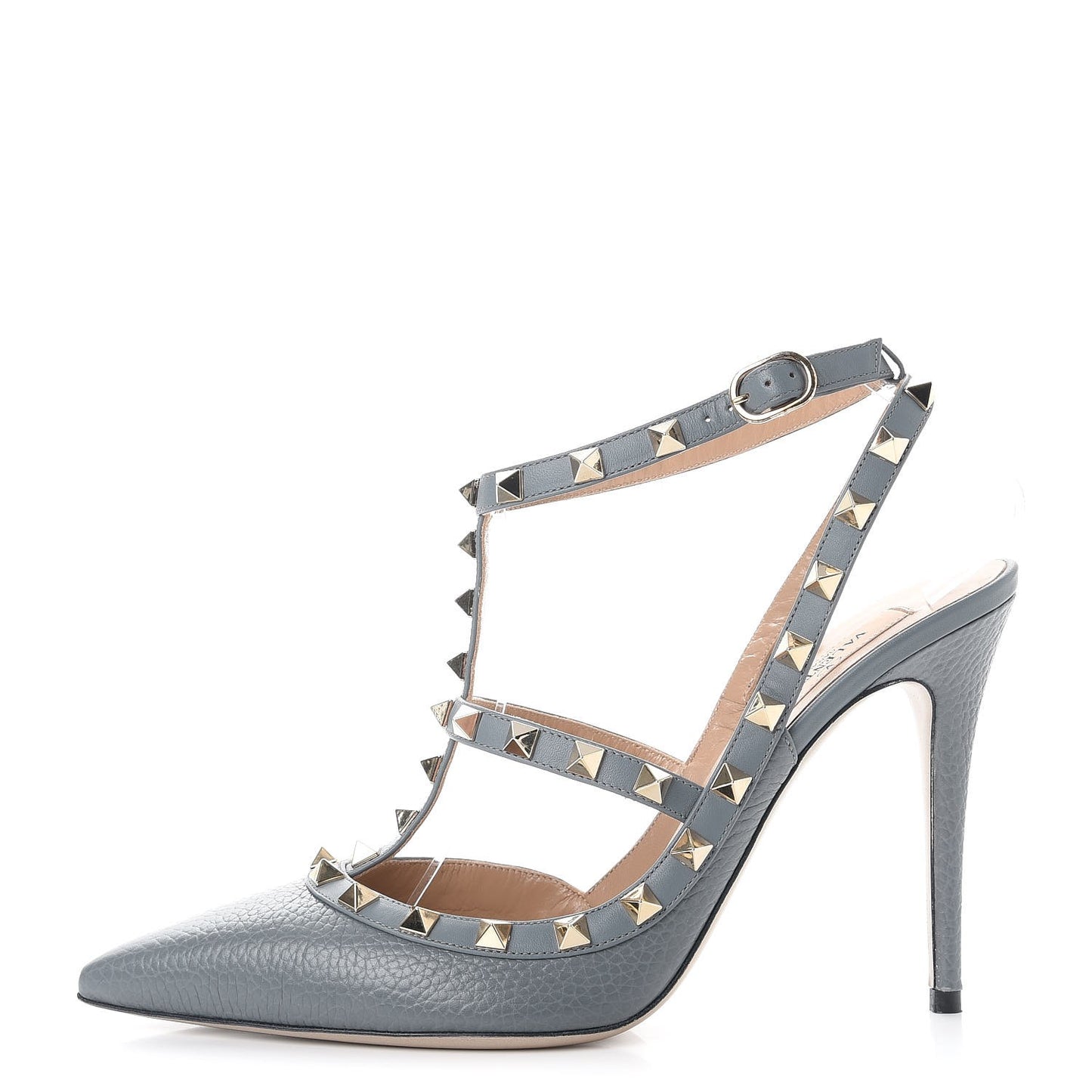Pebbled Calfskin Rockstud Ankle Strap 100mm Pumps 40 Light Stone