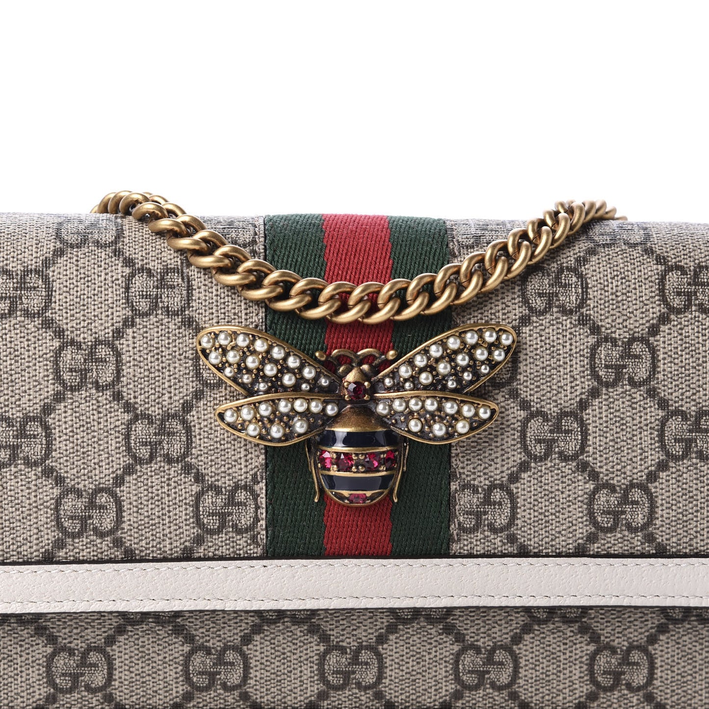 GG Supreme Monogram Web Queen Margaret Chain Wallet White