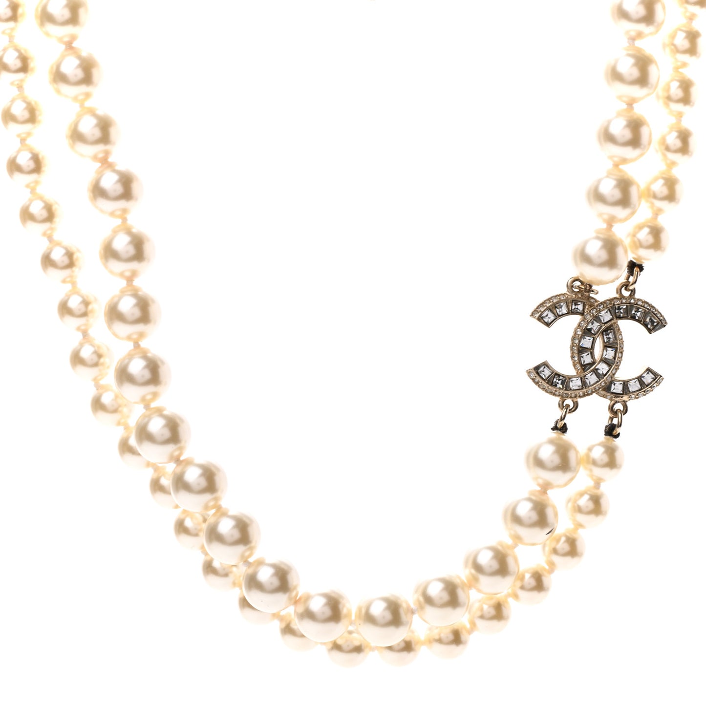 Baguette Crystal Pearl CC Double Strand Necklace Gold