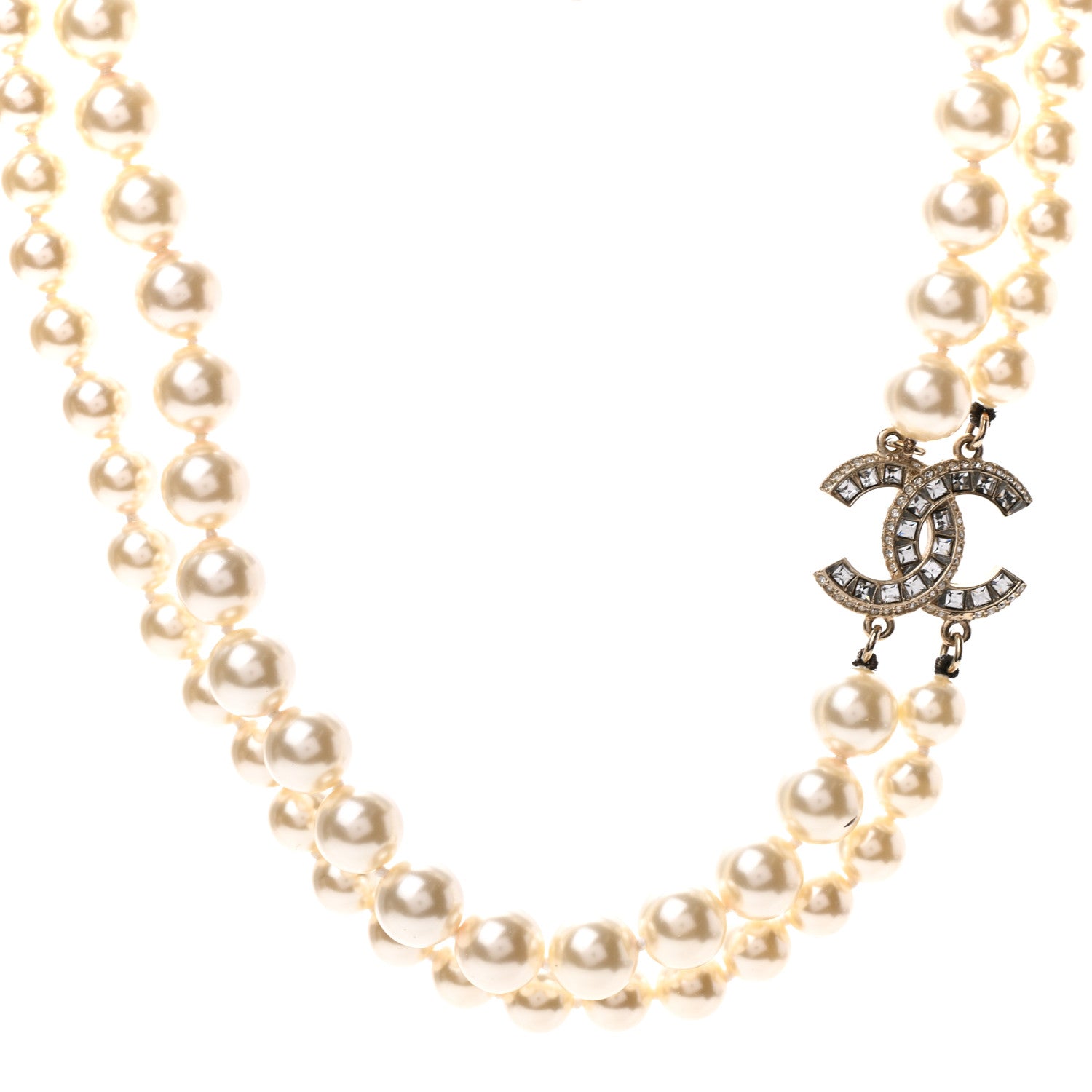 Chanel Baguette Crystal Pearl CC Double Strand Necklace Gold 1 of 5