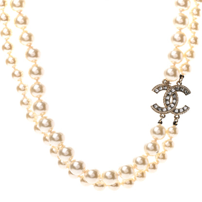 Chanel Baguette Crystal Pearl CC Double Strand Necklace Gold 1 of 5