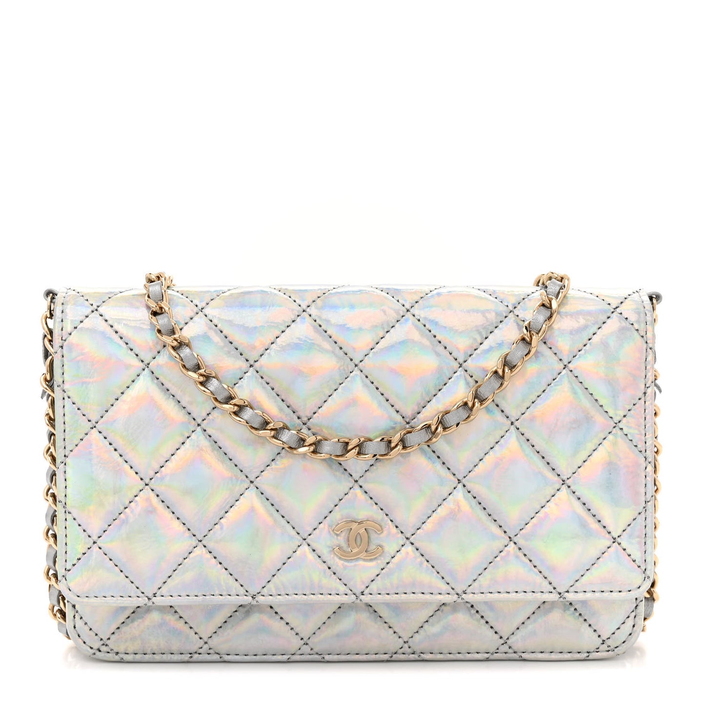 Iridescent Goatskin Quilted Wallet On Chain WOC Silver