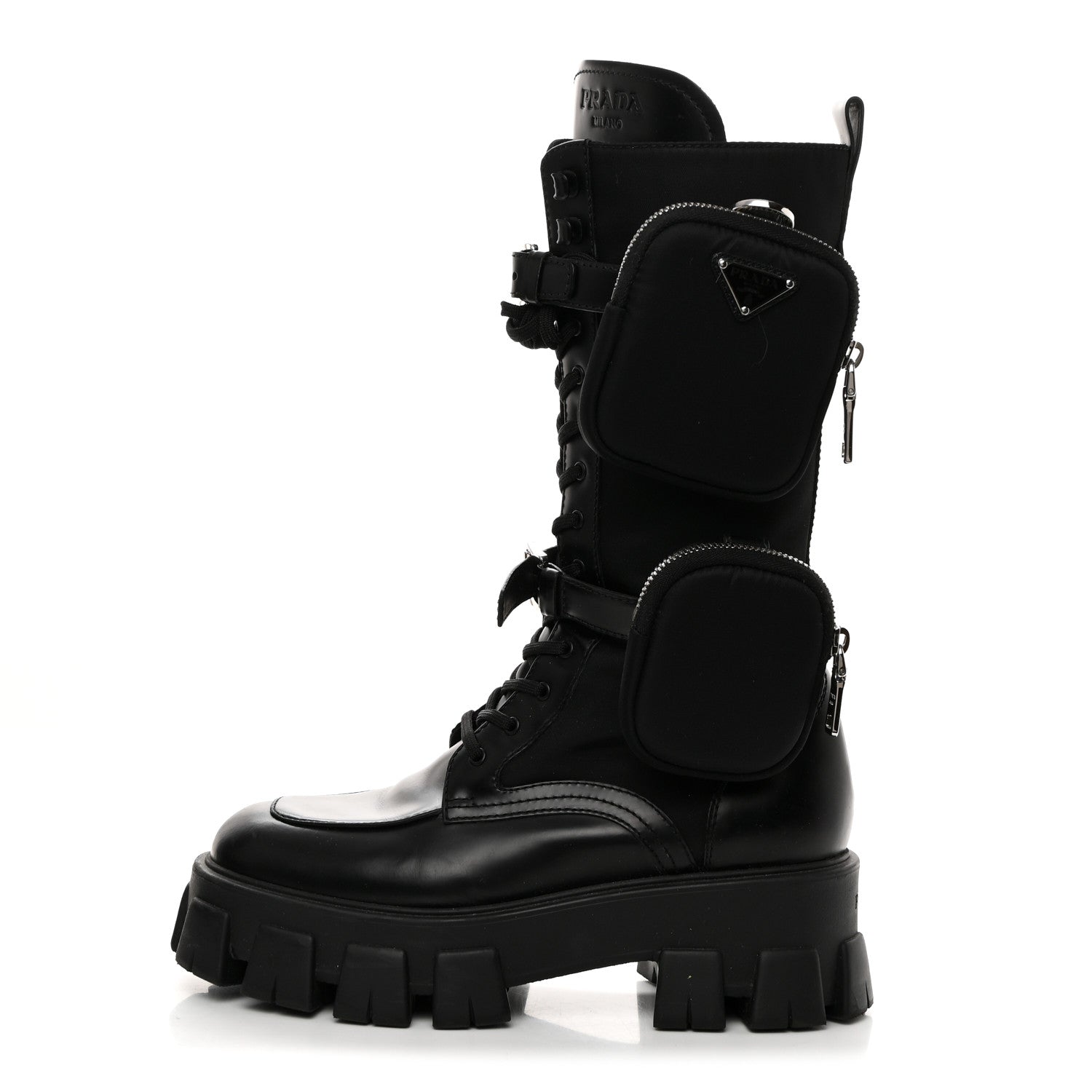 Prada Spazzolato Rois Re-Nylon Metal Triangle Logo Monolith Pouch Pocket 55mm Tall Combat Boots 39 Black 1 of 8