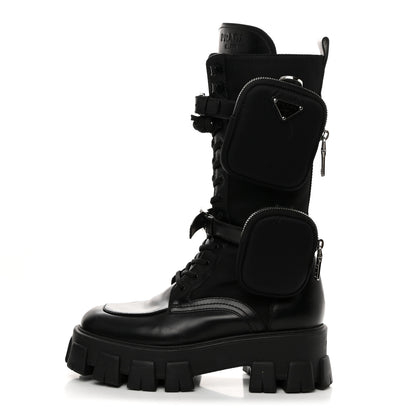 Prada Spazzolato Rois Re-Nylon Metal Triangle Logo Monolith Pouch Pocket 55mm Tall Combat Boots 39 Black 1 of 8