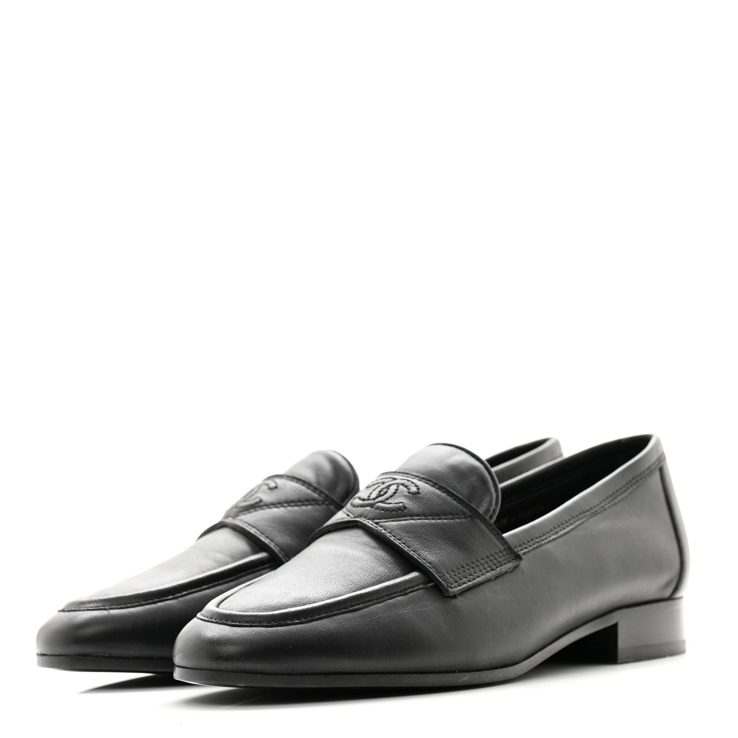 Calfskin Womens Stitched CC Loafers 35.5 Black