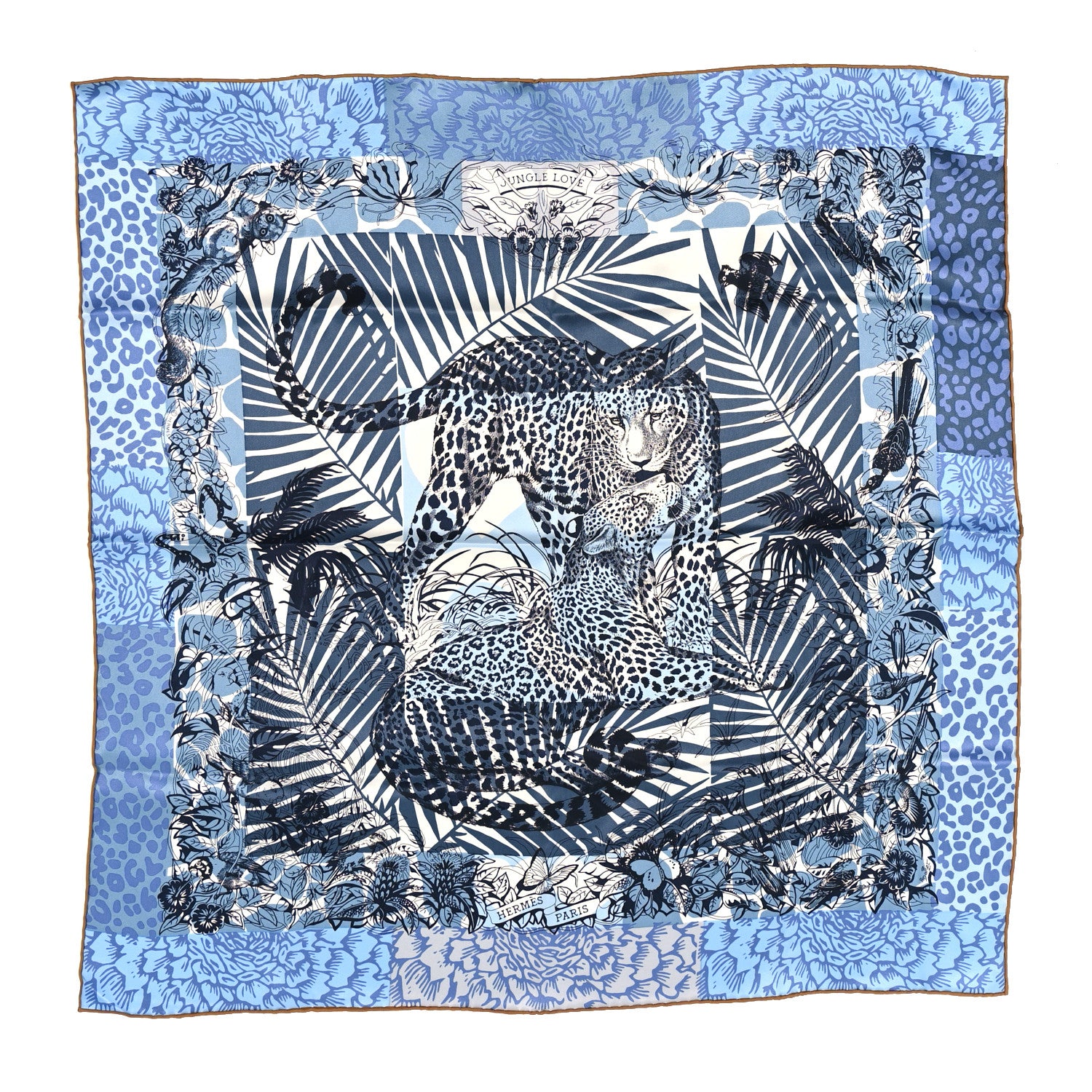 Hermes Silk Jungle Love Tampon Scarf 70 Bleu Jean White 1 of 5