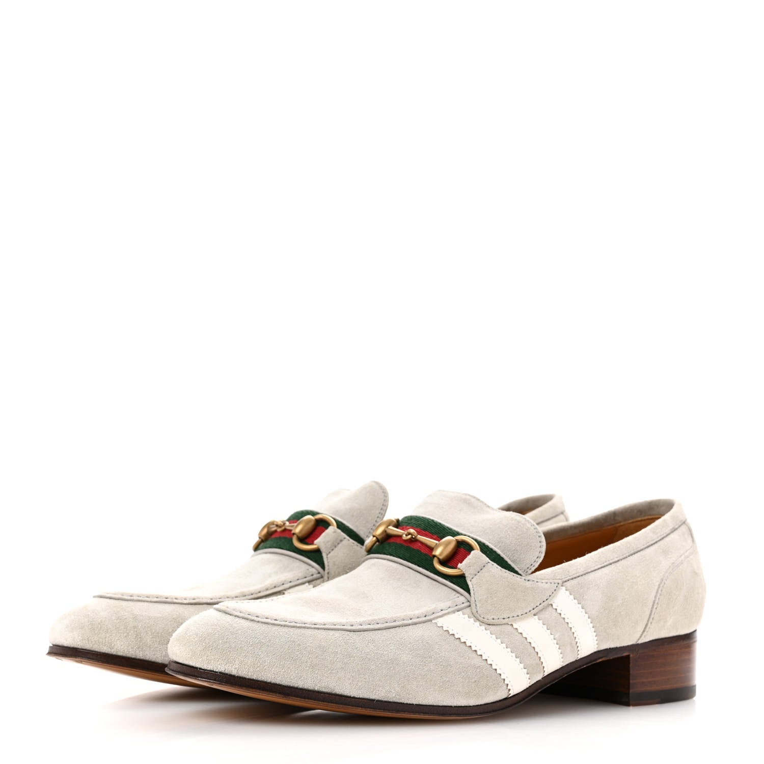 Gucci X ADIDAS Suede Supersofty Quentin Goatskin Web Mens Horsebit Loafers 10.5 Grey Sky Off White 4 of 12