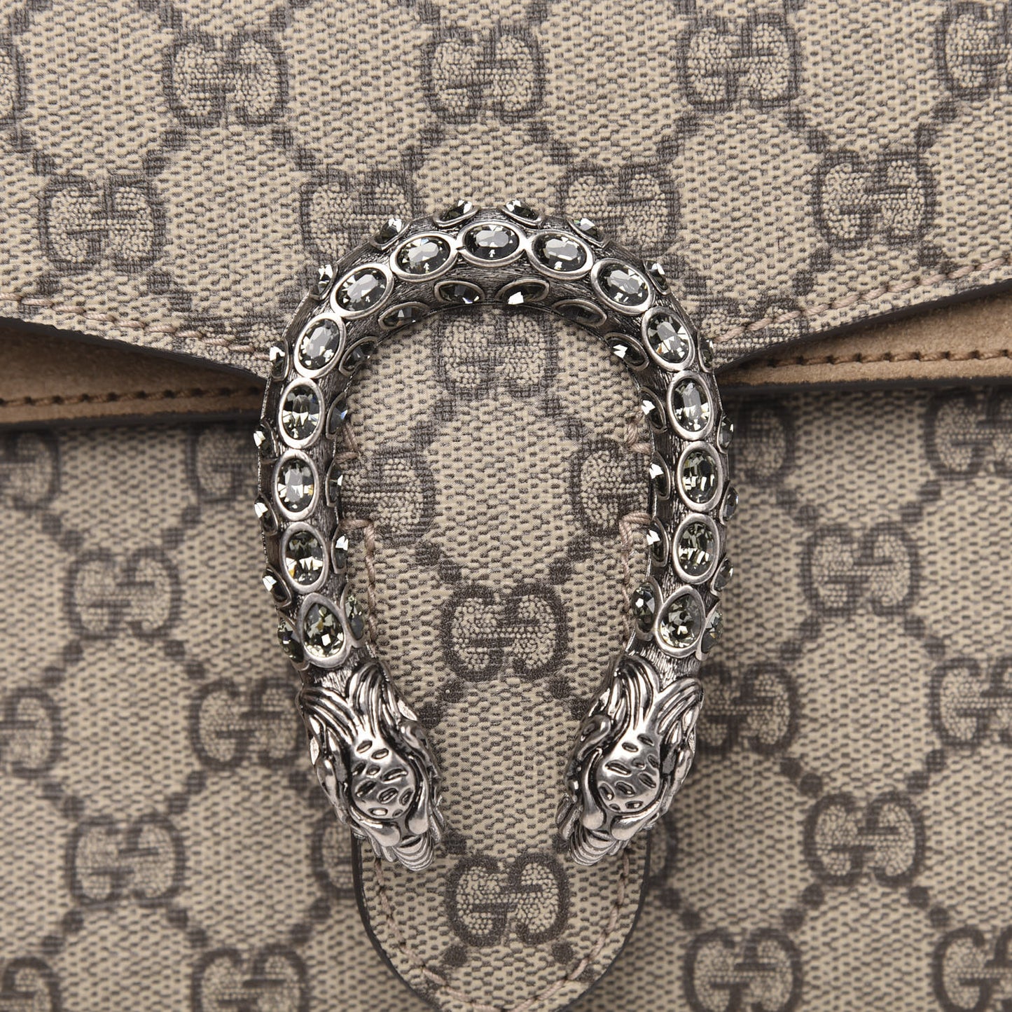 GG Supreme Monogram Suede Crystal Small Dionysus Shoulder Bag Beige Ebony Taupe