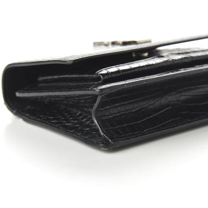 Saint Laurent Calfskin Crocodile Embossed Monogram Sunset Chain Wallet Black 6 of 9