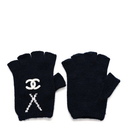 Chanel Cashmere Cotton CC Fingerless Gloves  Navy Ecru 1 of 5