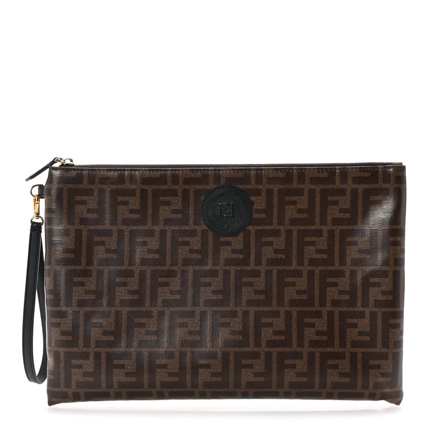 Fendi Glazed Fabric Vitello Century FF 1974 Stamp Patch Large Flat Pouch Mogano Panna Black 1 of 8