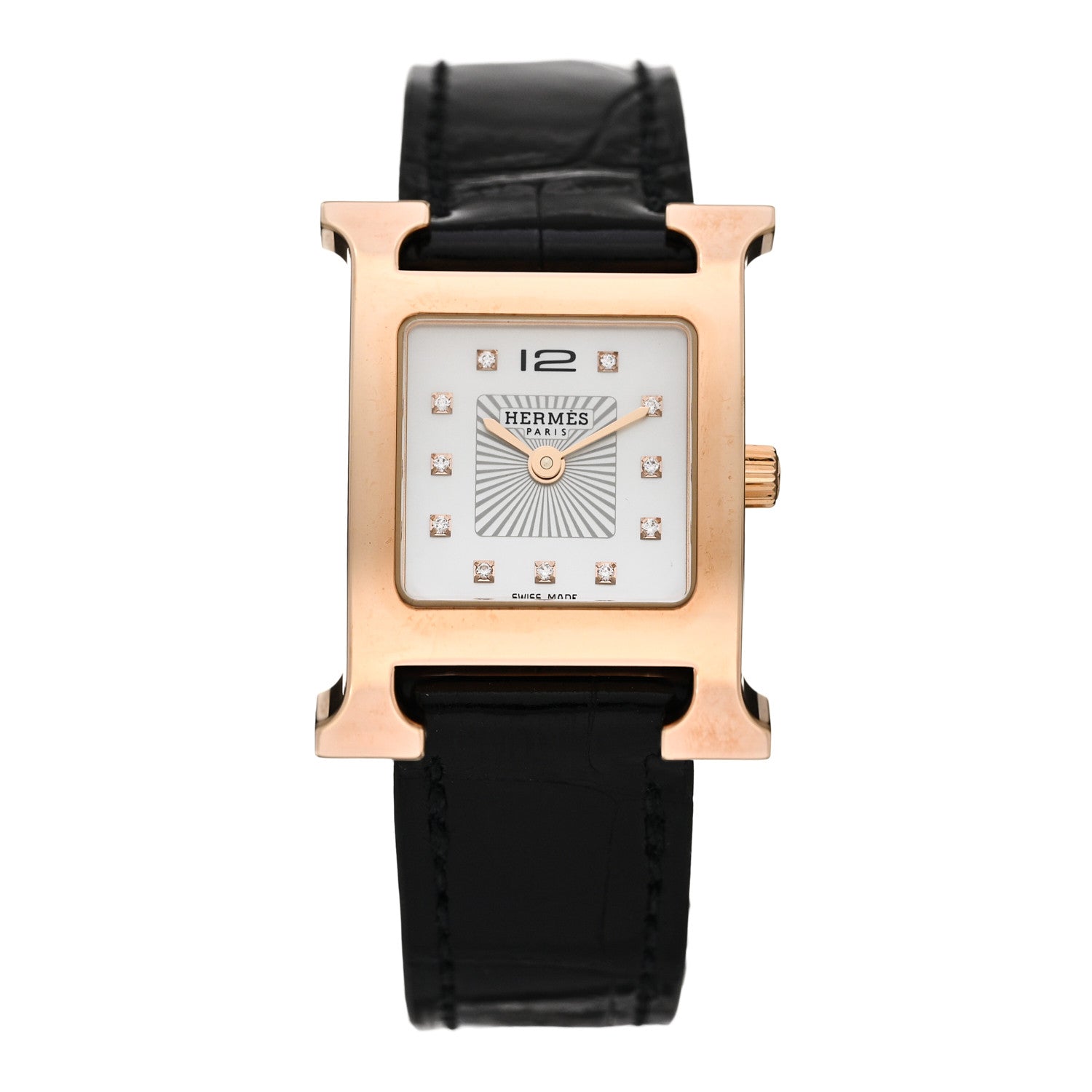 Hermes Stainless Steel Alligator Diamond Mother of Pearl 21mm Heure H Hour Quartz Watch Noir 1 of 5