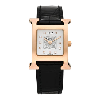 Hermes Stainless Steel Alligator Diamond Mother of Pearl 21mm Heure H Hour Quartz Watch Noir 1 of 5