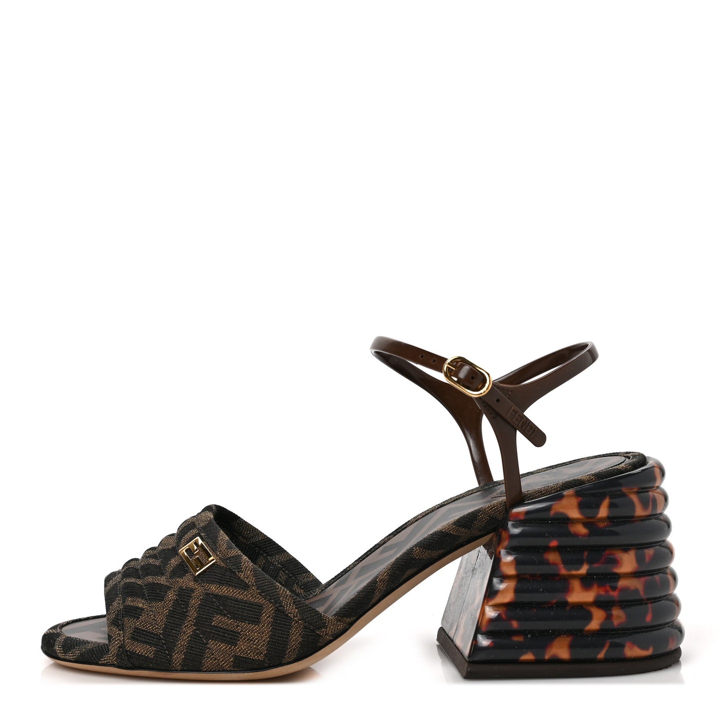 Jacquard Calfskin FF Tortoise Promenade Ankle Strap Loafer Pumps 38 Tobacco
