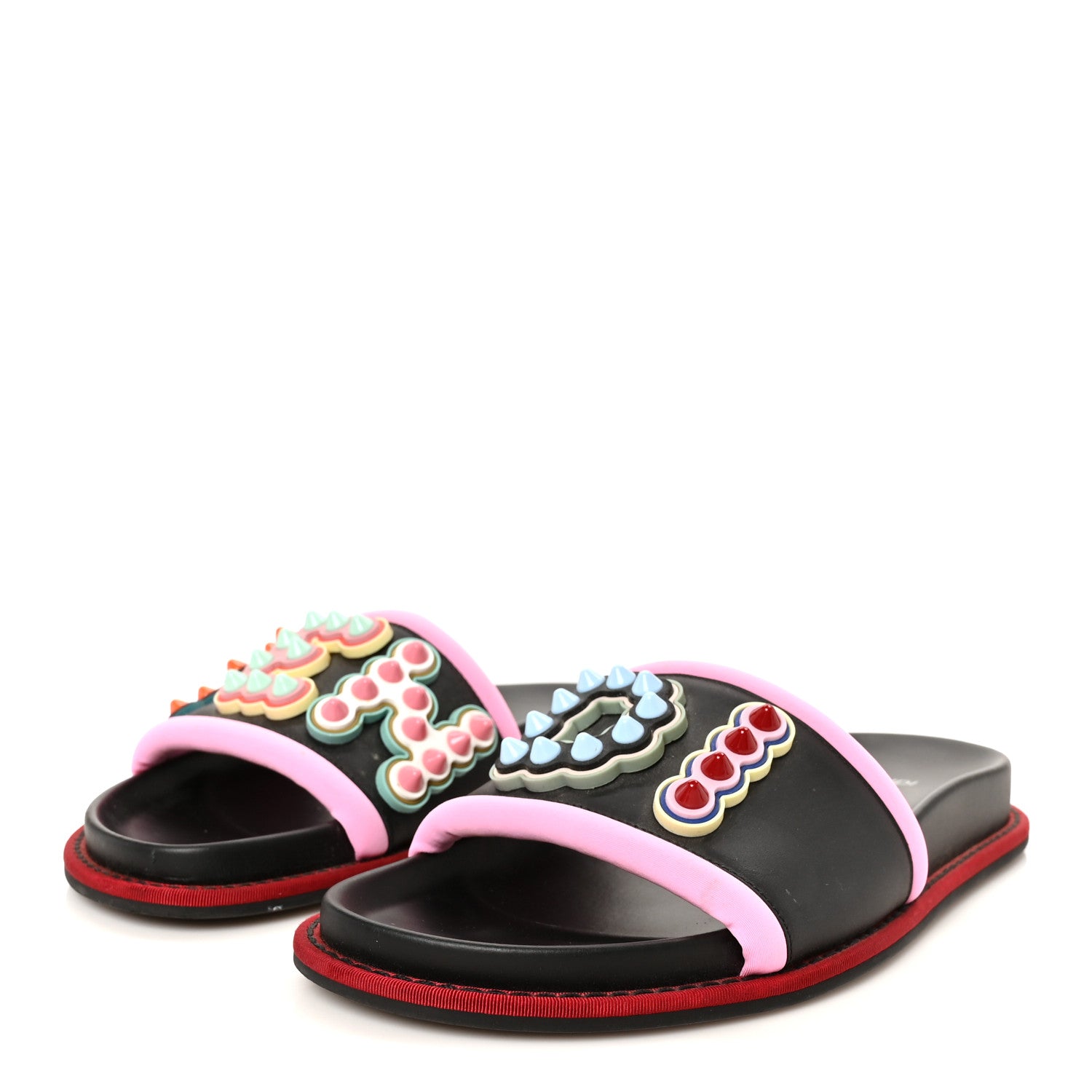 Fendi Vitello Studded Fun Fair Slide Sandals 38 Black Multicolor 4 of 9