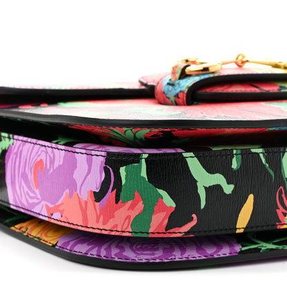 Gucci X KEN SCOTT New Shangai Calfskin Jenny Floral Print Horsebit 1955 Shoulder Bag Black Pink 9 of 10
