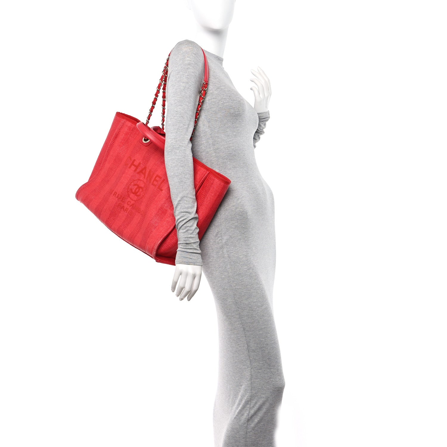 Chanel Straw Raffia Calfskin Striped Medium Deauville Tote Red 2 of 12