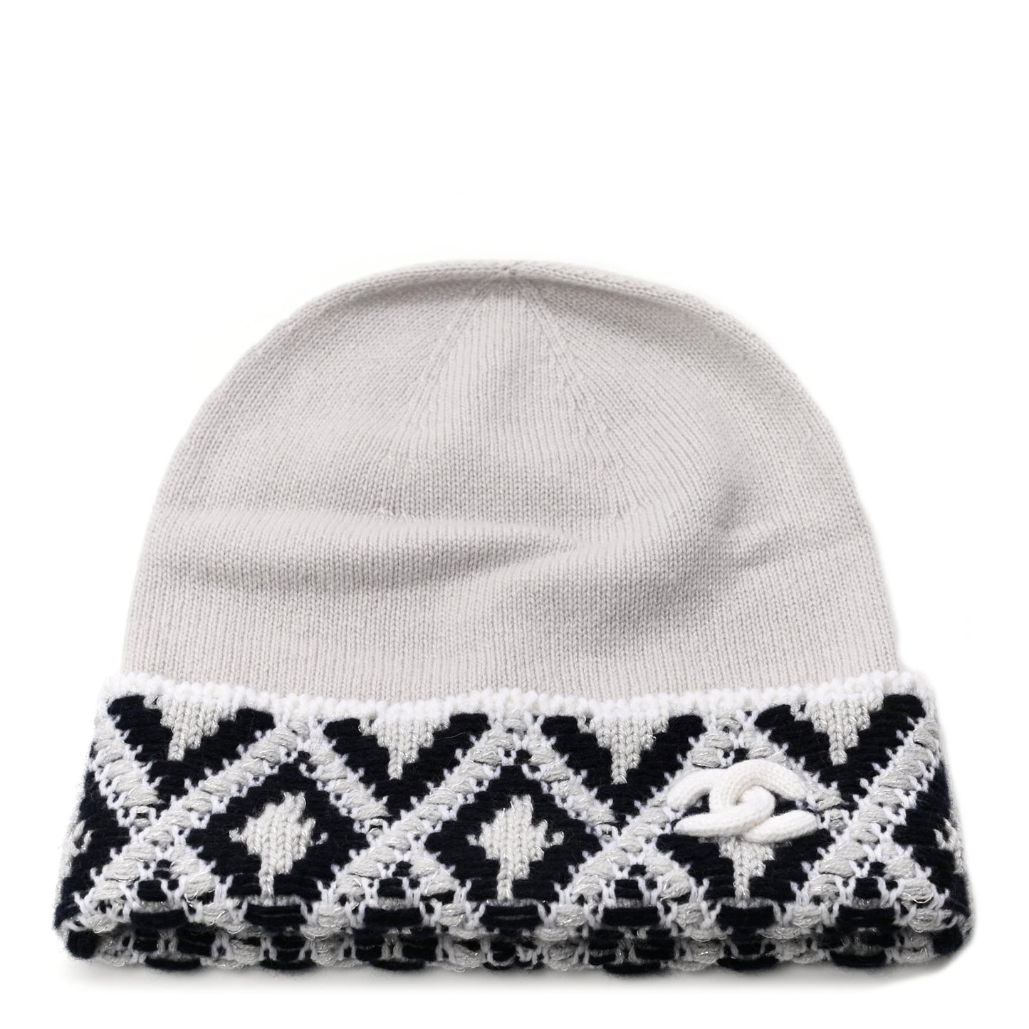 Cashmere Blend CC Beanie Hat White Navy Blue