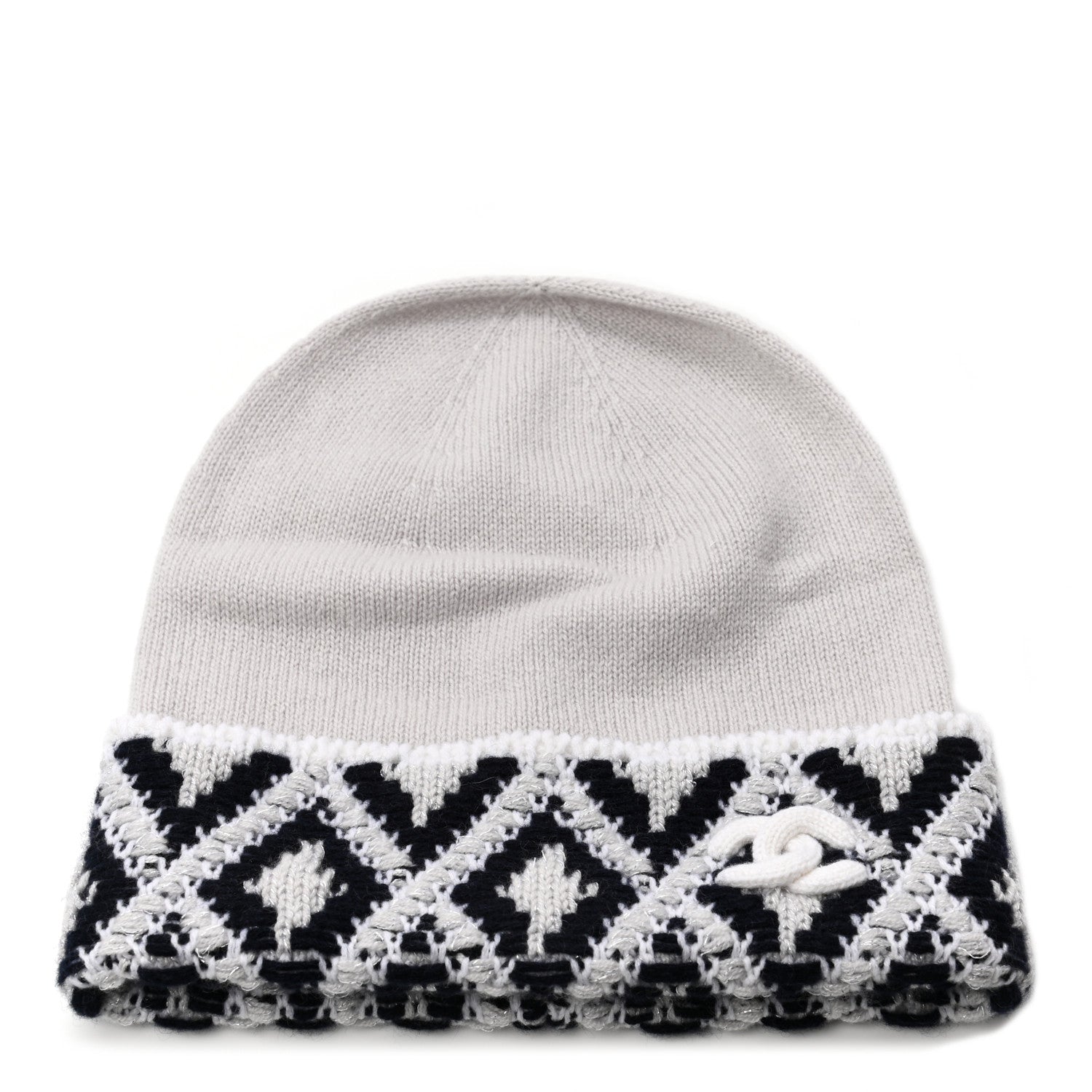 Chanel Cashmere Blend CC Beanie Hat White Navy Blue 1 of 4