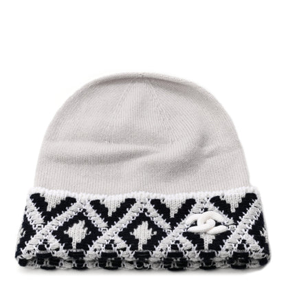 Chanel Cashmere Blend CC Beanie Hat White Navy Blue 1 of 4