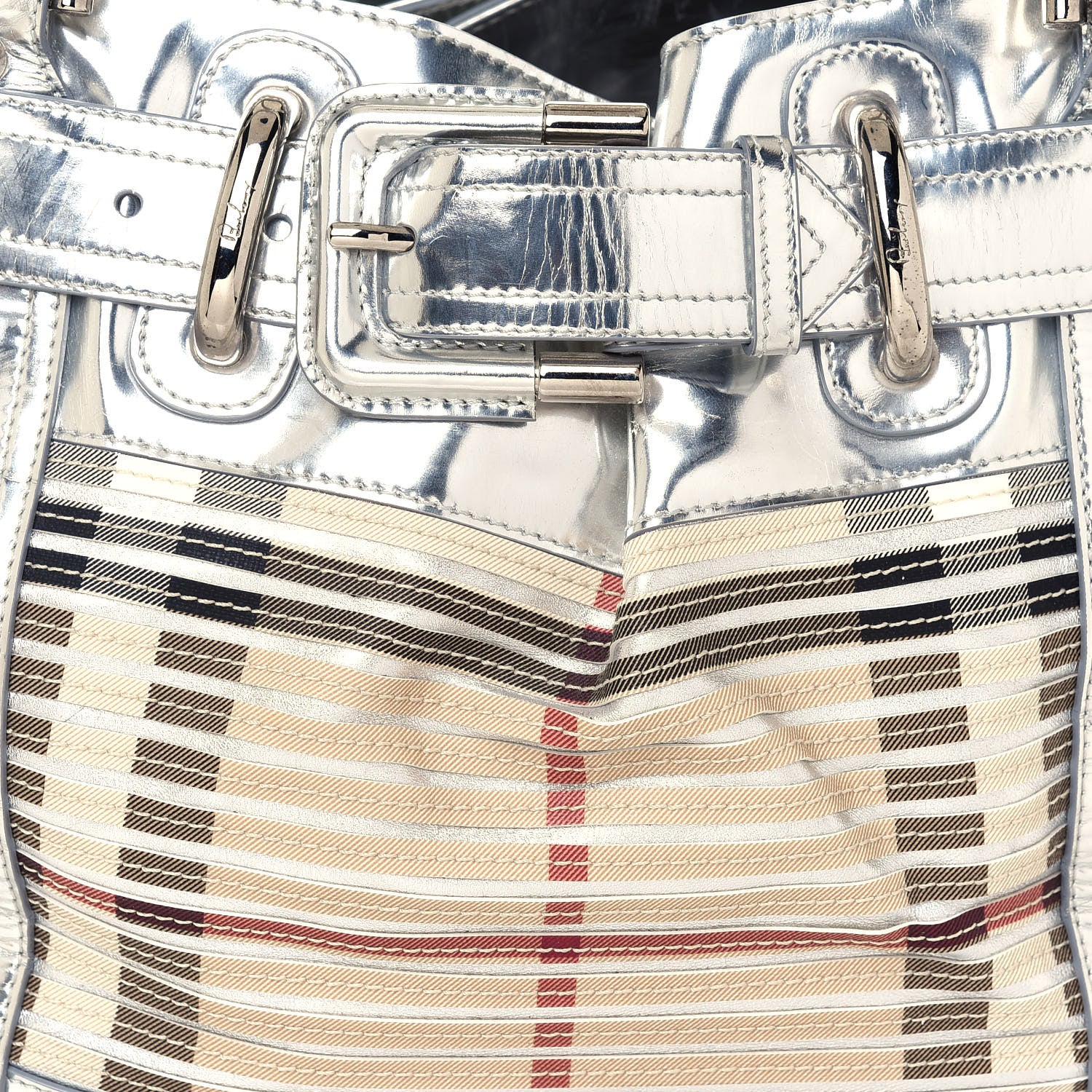 Burberry Metallic Patent House Check Sliced Beaton Tote Silver 9 of 19