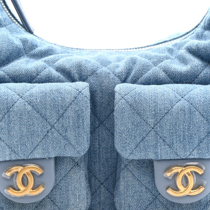 Chanel Washed Denim Quilted Large Trendy Pockets Hobo Blue 8 of 10