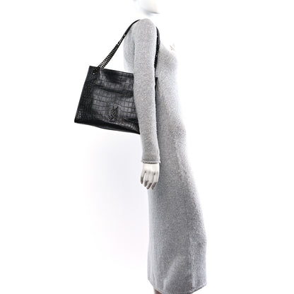 Saint Laurent Calfskin Crocodile Embossed Monogram Medium Niki Shopping Bag Black 2 of 10