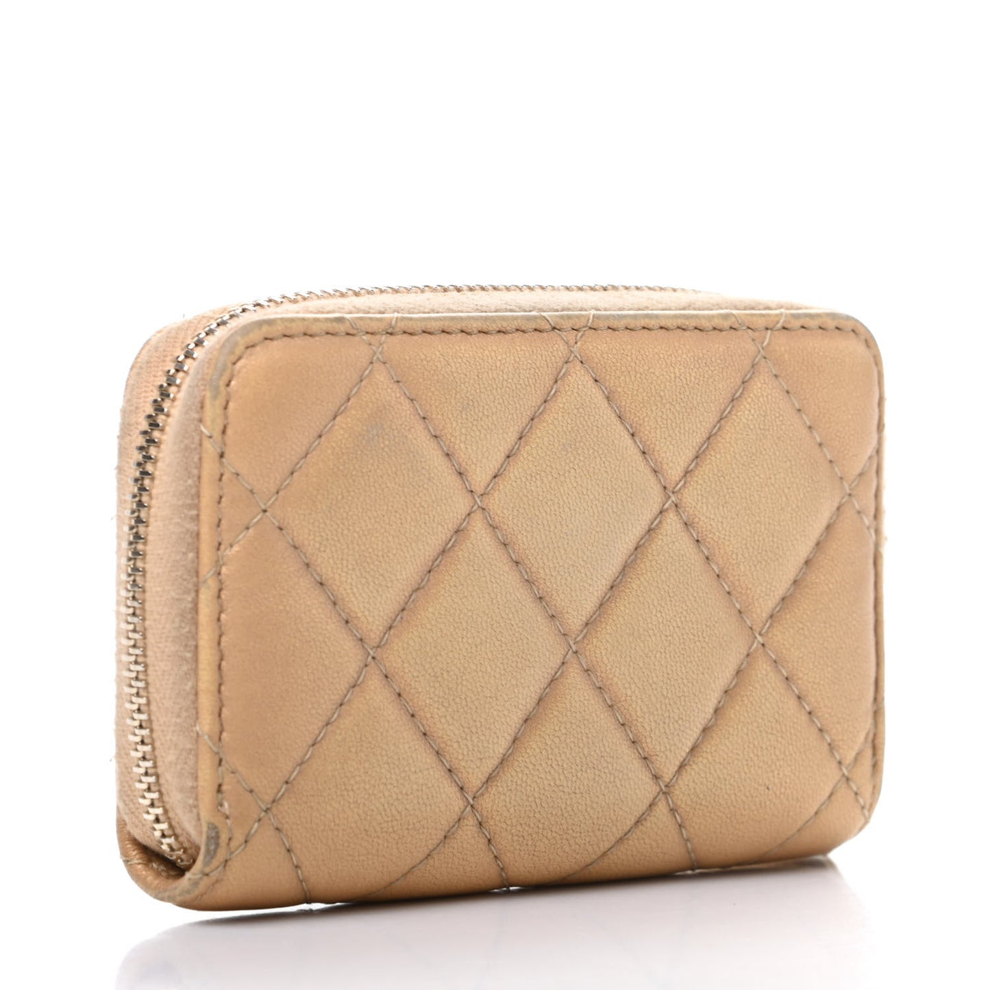 Metallic Lambskin Quilted Graffiti Zip Around Coin Purse Wallet Beige