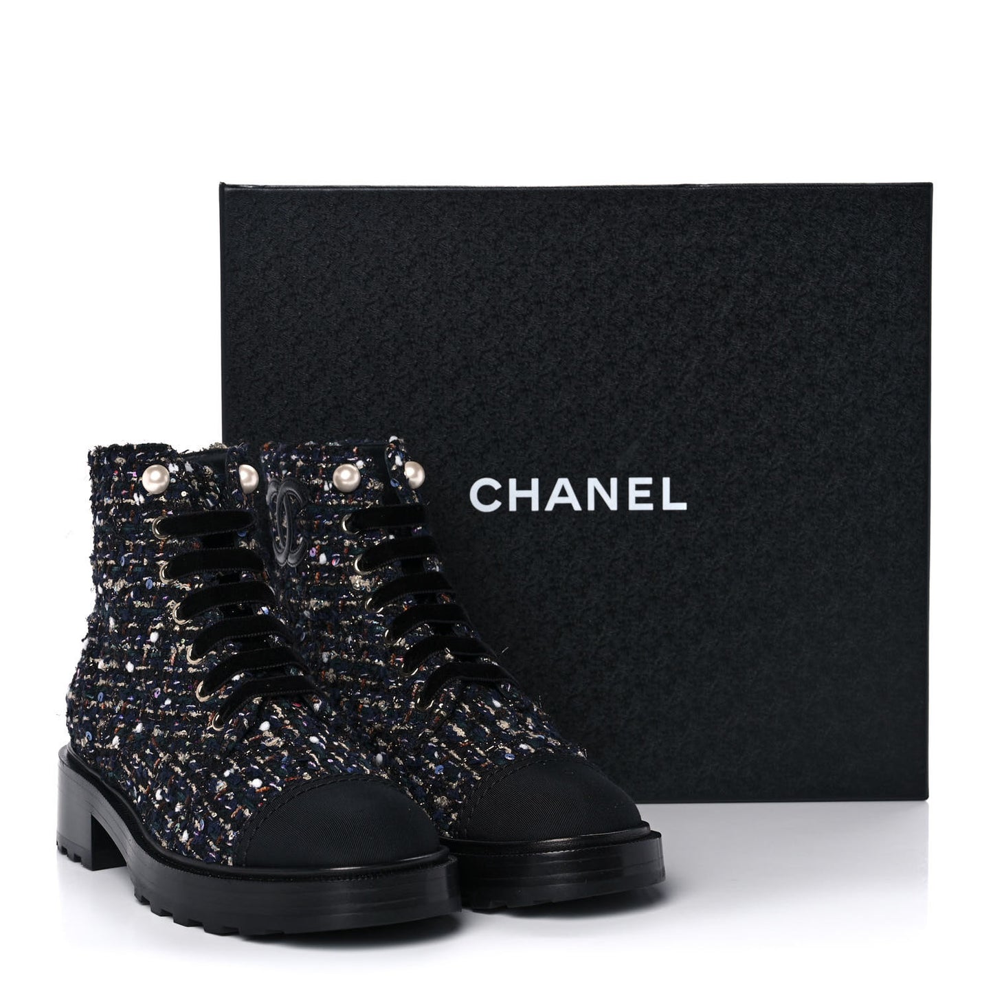 Tweed Grosgrain Pearl Combat Short Boots 37 Black Multicolor