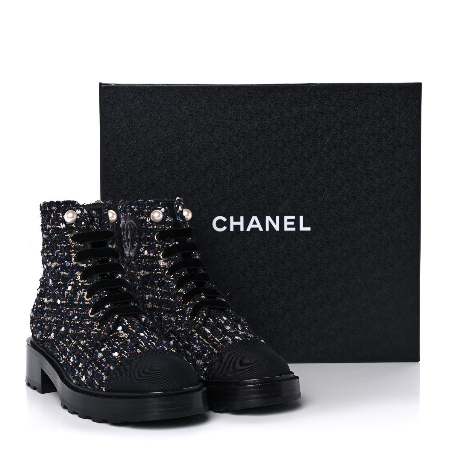 Chanel Tweed Grosgrain Pearl Combat Short Boots 37 Black Multicolor 9 of 9