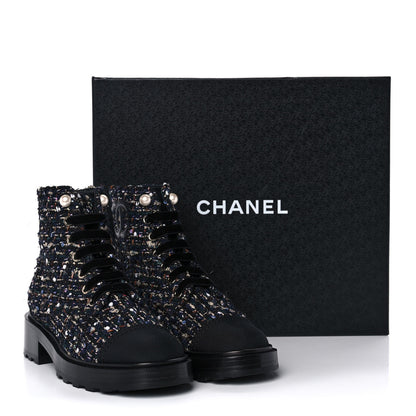 Chanel Tweed Grosgrain Pearl Combat Short Boots 37 Black Multicolor 9 of 9