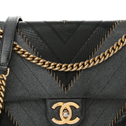 Chanel Calfskin Iridescent Snakeskin Patchwork Chevron Medium Flap Black Silver 8 of 12