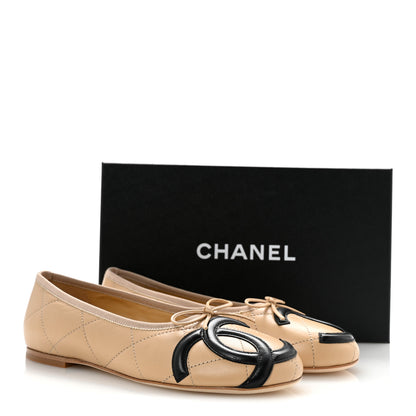 Chanel Lambskin Quilted CC Cambon Ballet Flats 38 Beige Black 10 of 10