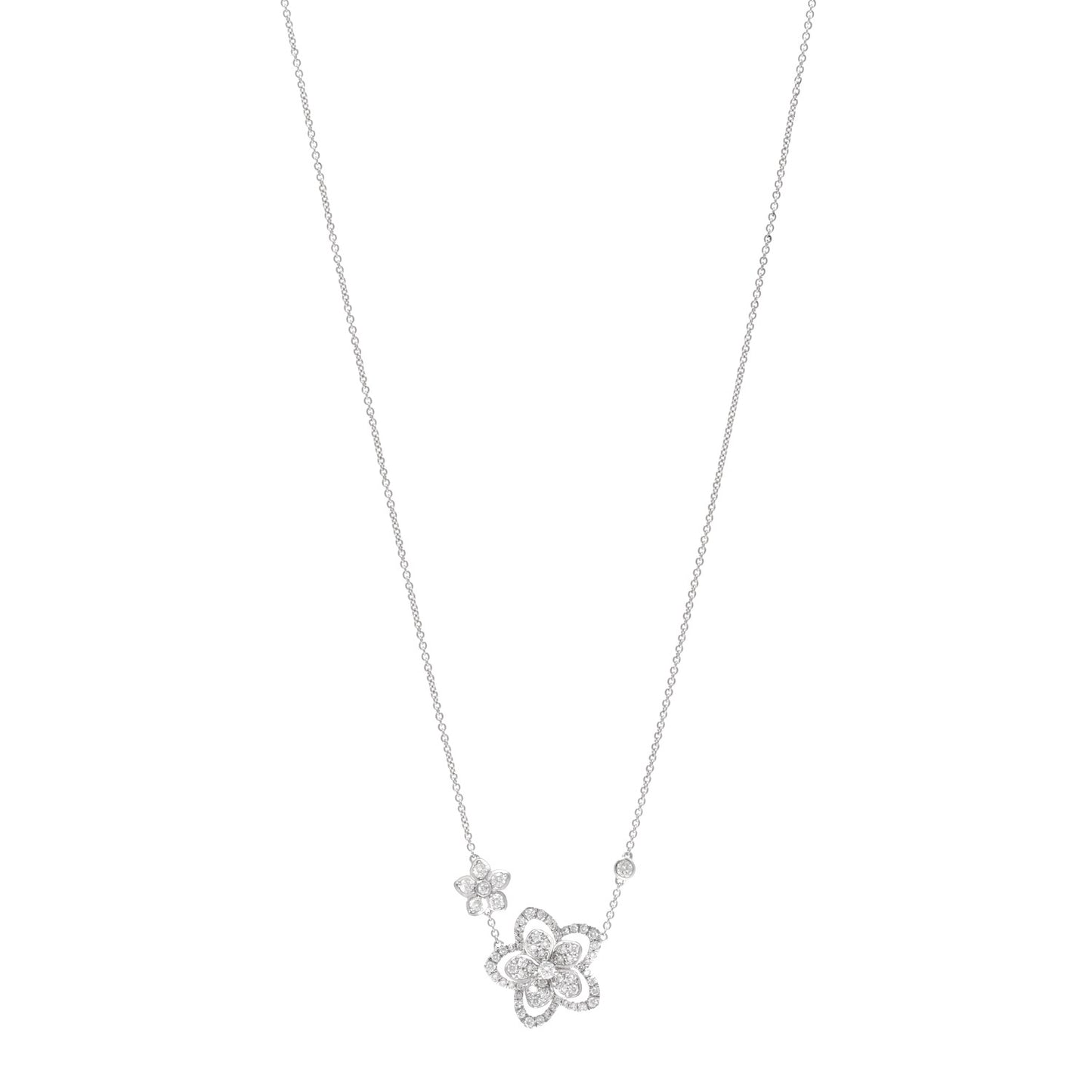 18K White Gold Diamond Double Wild Flower Pendant Necklace