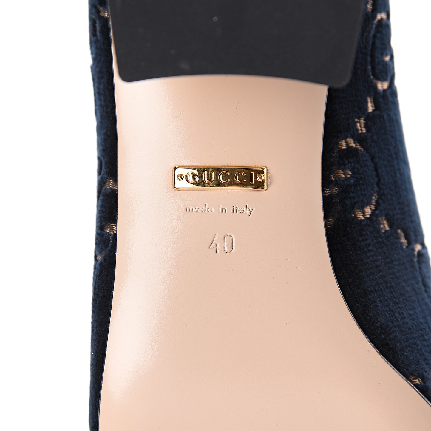 Velvet GG Monogram Sylvie Web Chain Mid Heel Loafers 40 Blue Beige