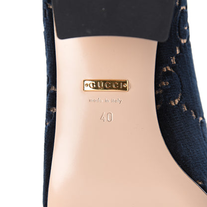 Gucci Velvet GG Monogram Sylvie Web Chain Mid Heel Loafers 40 Blue Beige 6 of 7